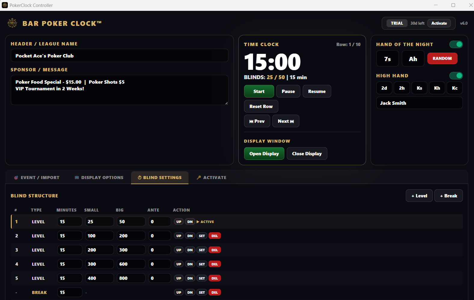 BarPokerClock Custom Blind Structure