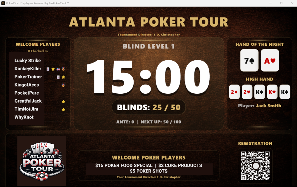 BarPokerClock Pro Display with roster, QR registration, and league branding