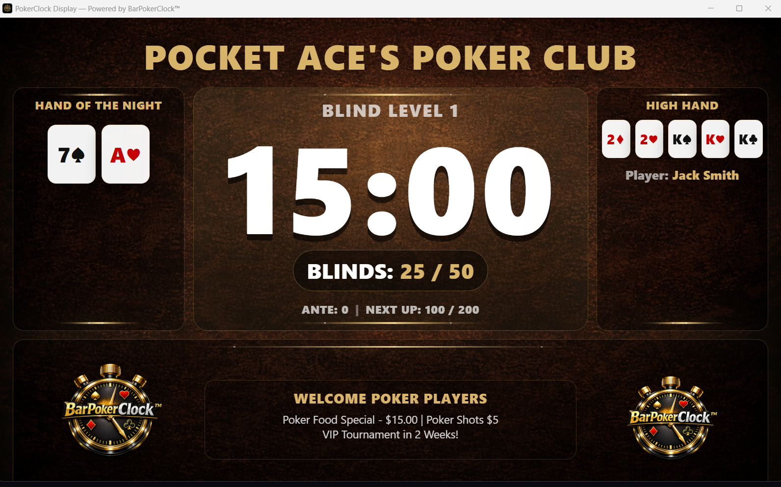 BarPokerClock Display with blind timer, hand tracking